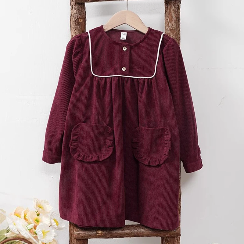 Autumn Retro Burgundy Corduroy Dress For Girls New Christmas Party Long Sleeved Loose Princess Dresses Vestido Infantil Menina