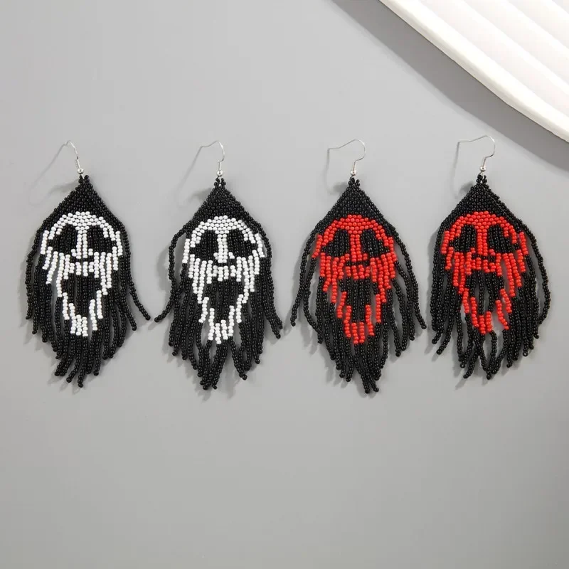 Beaded earrings Tassel personality  All Saints' Day Skull pumpkin Female Tidal current Hand weaving Bohemia Rice bead earrings