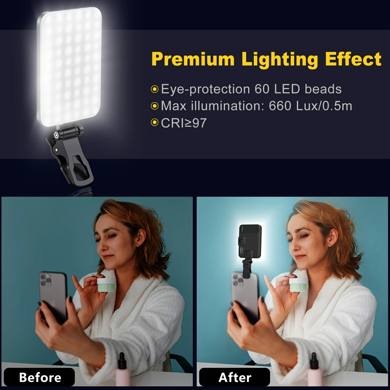 مصباح سيلفي مريح ومتعدد الاستخدامات 60 LED مع مشبك ومحول ثلاثي القوائم للكاميرا - بطارية 2200 مللي أمبير قابلة لإعادة الشحن، عالية C