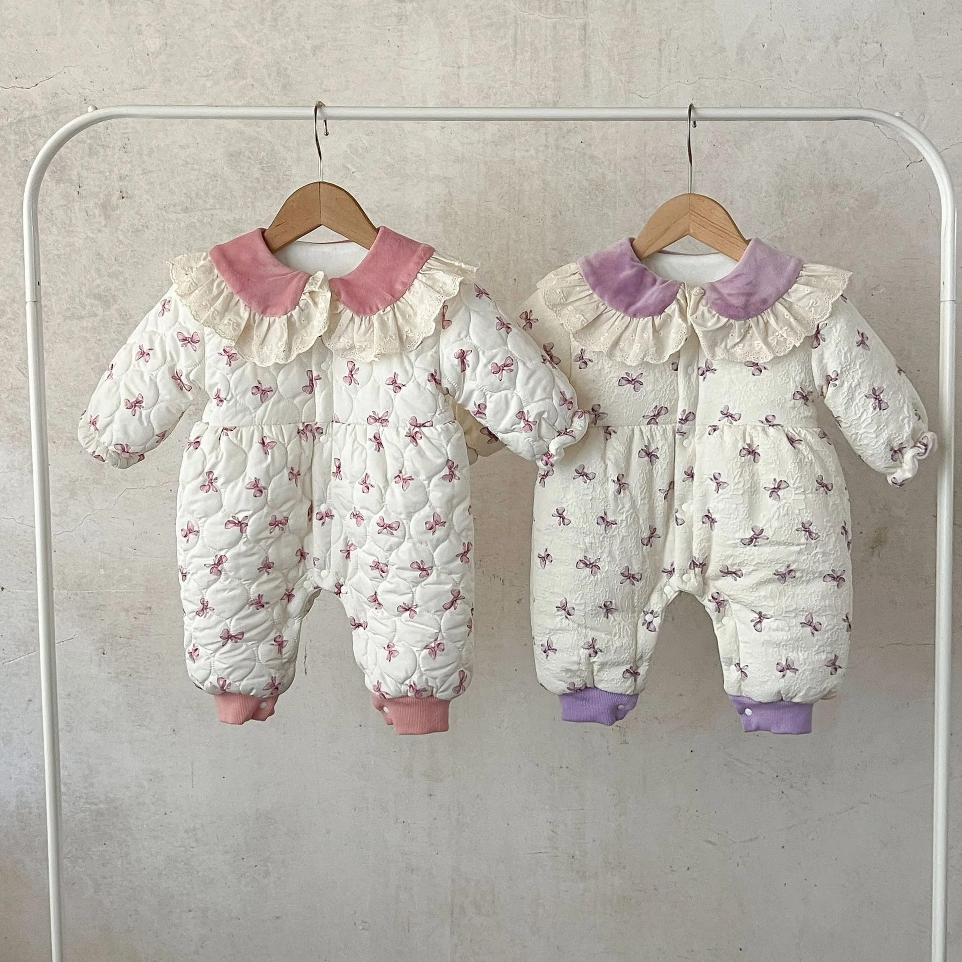 Korean Baby Girl Turn Down Collar Ruffled 2026 Fleece Print Padded Coat Romper Newborn Warm Onesie Trendy