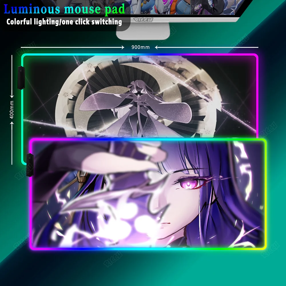 Hot selling Genshin Impact Raiden Shogun MousePad RGB Gamingpad Mat Large Keyboard Mat LED Light Desk Pad ForComputer Laptop Pad