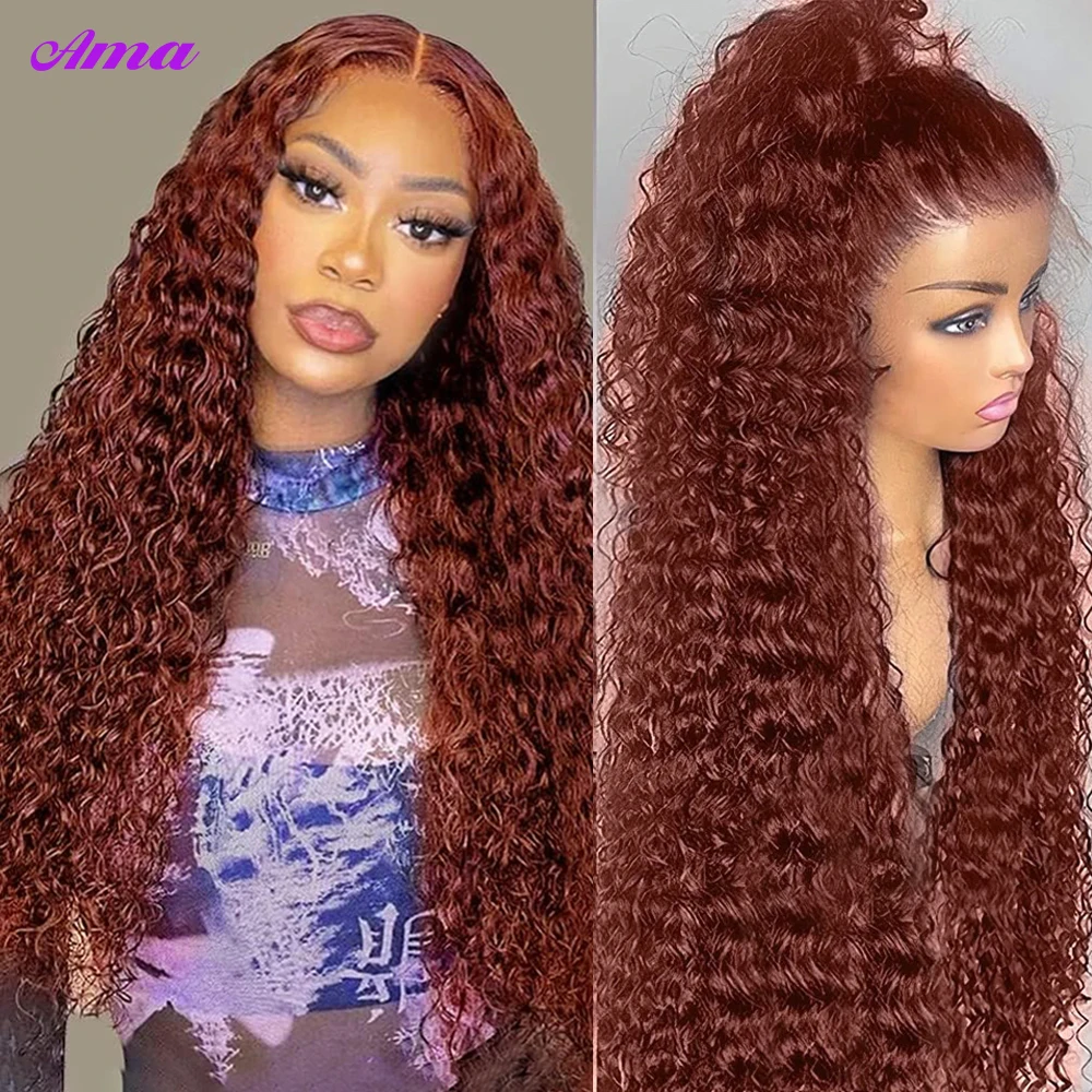 Perruque Lace Front Wig Deep Wave Naturelle Bouclée, Cheveux Humains, Brun Rousse, 13x6, 13x4, Densité 250, pour Femme