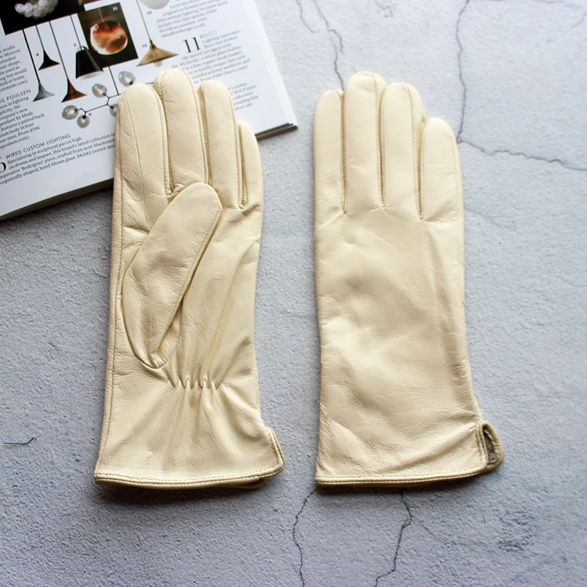 Winter warme kleur lederen handschoenen dames schapenvacht fluwelen voering mode gestreepte stijl winddichte rijhandschoenen