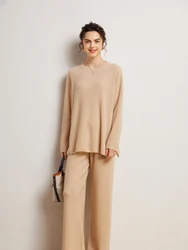 New Chic Women's 100% Cashmere Sweate Autumn Winter O-Neck Pullover Pants Set Luxury Two Pieces Set Casual Loose Soft Knitwear