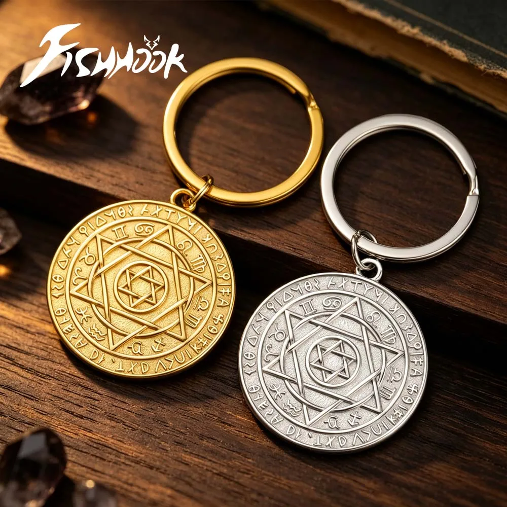 Seal of Solomon Hexagram Keychain Star of David Zodiac Rune Amulet Talisman Gift For Woman Men Stainless Steel Pendant Jewelry