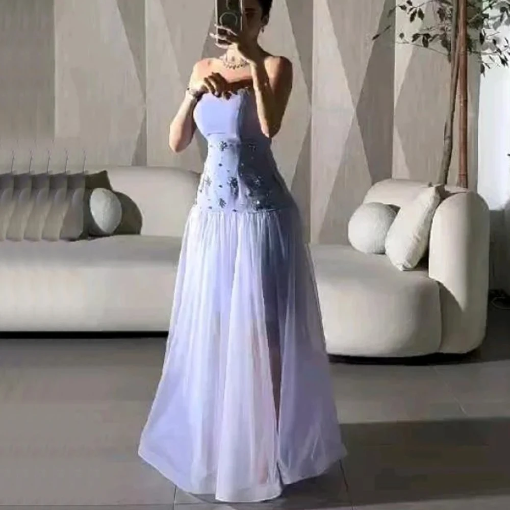 

Arya Customized A-Line Evening Dress Strapless Sleeveless with Beaded Floor Length Jersey and Tulle فساتين سهره نسائيه فخمة