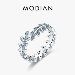MODIAN Solid 925 Sterling Silver Luck Charm Leaf Adjustable Finger Ring Vintage Turquoise Trendy Fine Jewelry For Women Gifts
