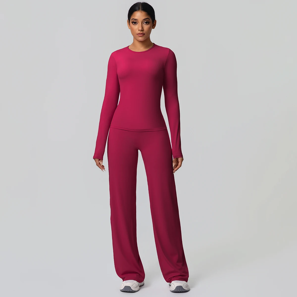 2 stück Frauen Gym Yoga Set Lauf Shirts Schlank Lange Ärmel Workout Top Schnell Trocknend Hohe Stretch Breite Bein Hosen dünne Yoga Set – Detail 37