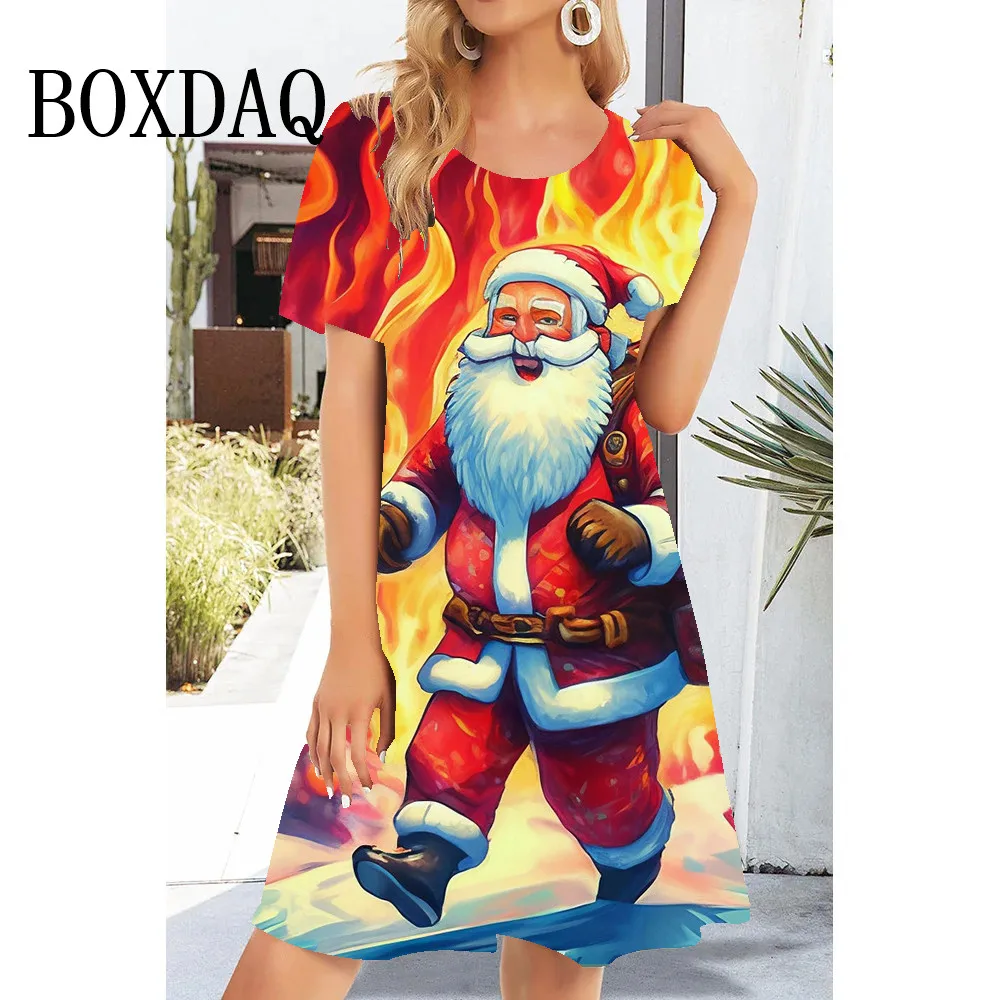 Christmas Party Women's Mini Dress Cartoon Cute Comics Santa Claus Pattern Print Dress Loose Short Sleeve Casual Clothing 2024