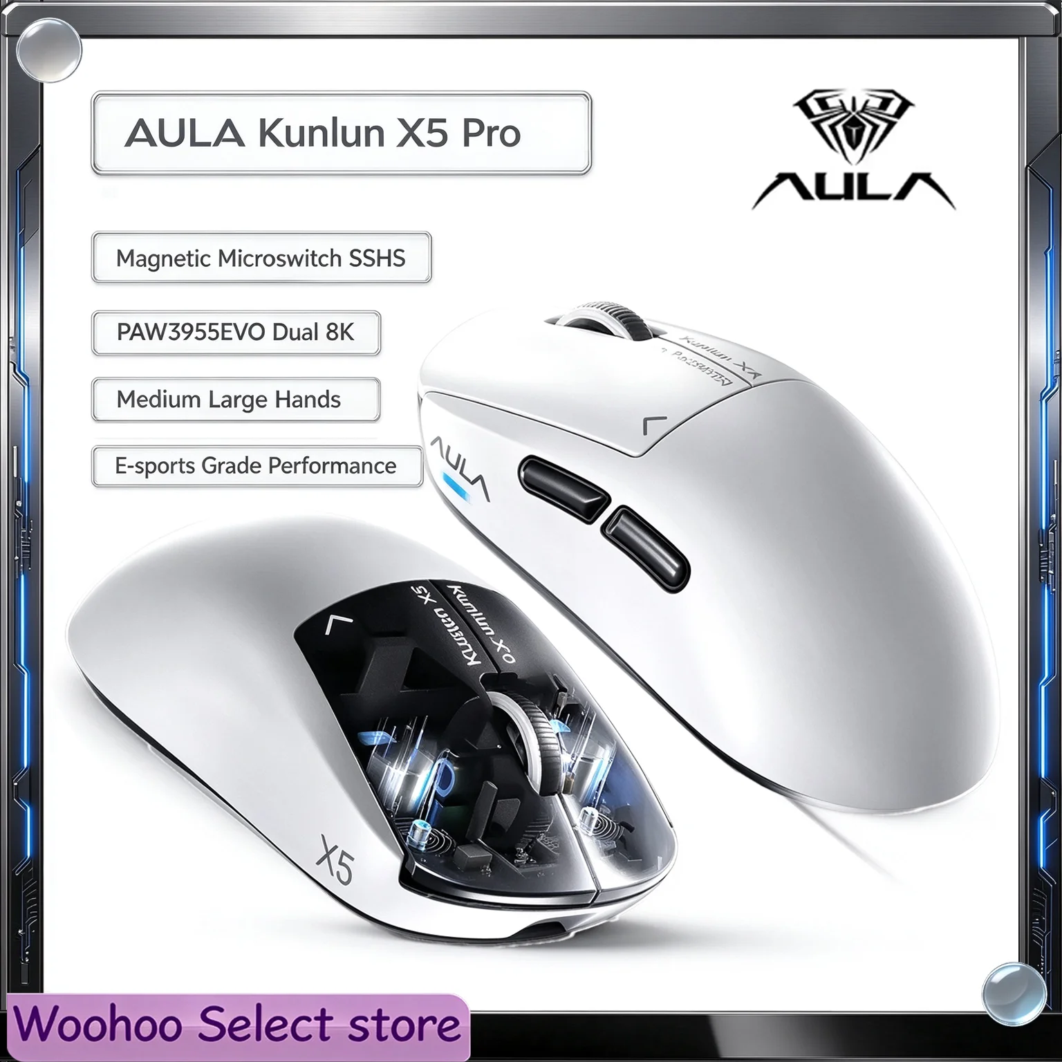 AULA Kunlun X5 Pro Gaming Mouse Tri-Mode Wireless Magnetic Microswitch SSHS PAW3955EVO Dual 8K For Medium Large Hands E-sports