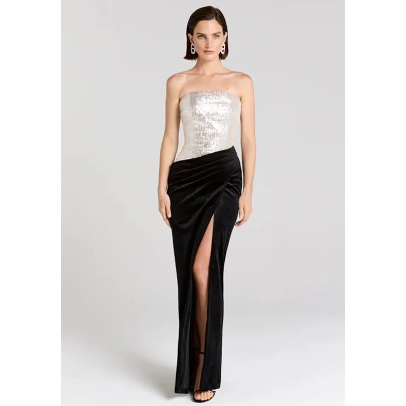 

Новое женское бархатное платье без бретелек с пайетками и высоким разрезом, плиссированное бархатное платье с асимметричной строчкой, длинное платье без рукавов