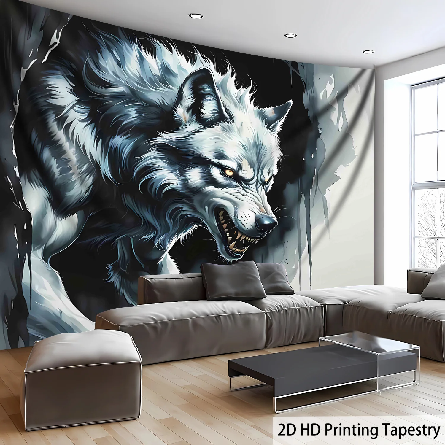 Fierce White Wolf Tapestry Wall Hanging, Aggressive Animal Art Print, 3D Realistic Wolf Wall Decor for Living Room Bedroom