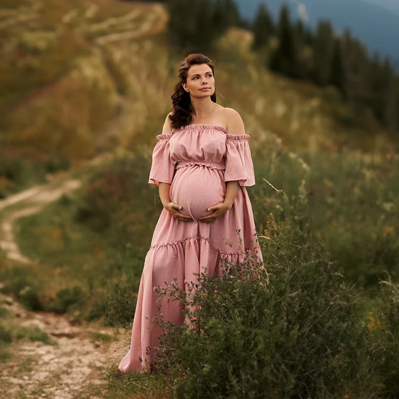 Ropa de maternidad Bohemia para mujer, vestido Retro de manga corta, lino y algodón, cómodo para sesiones fotográficas de maternidad