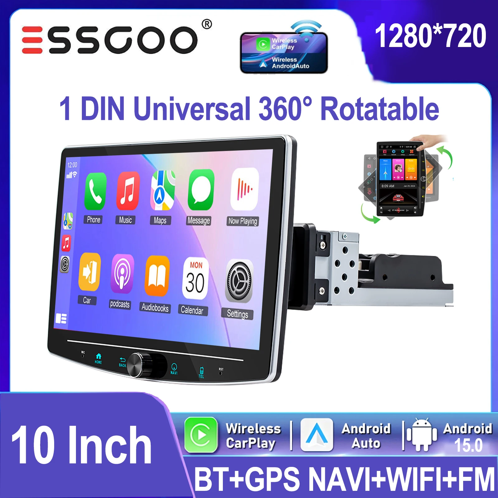 ESSGOO Autoradio Universale 1 DIN Android 15 64G Display Touch Rotante 360° 10 Pollici Wireless Apple CarPlay Android Auto GPS Navi WIFI Controlli al Volante Bluetooth Radio FM RDS Mirror Link Luci 7