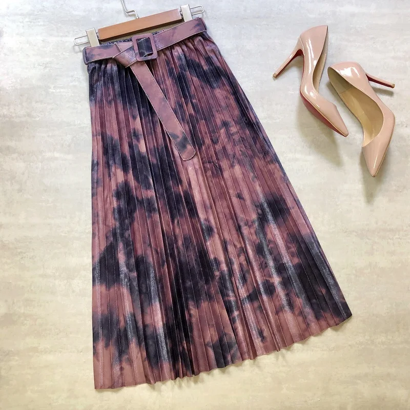 Stylish High Waist Skirt Women With Belted Tie Dye Vintage Casual Slim Pleated Midi Skirts Ladies Print Korean Faldas