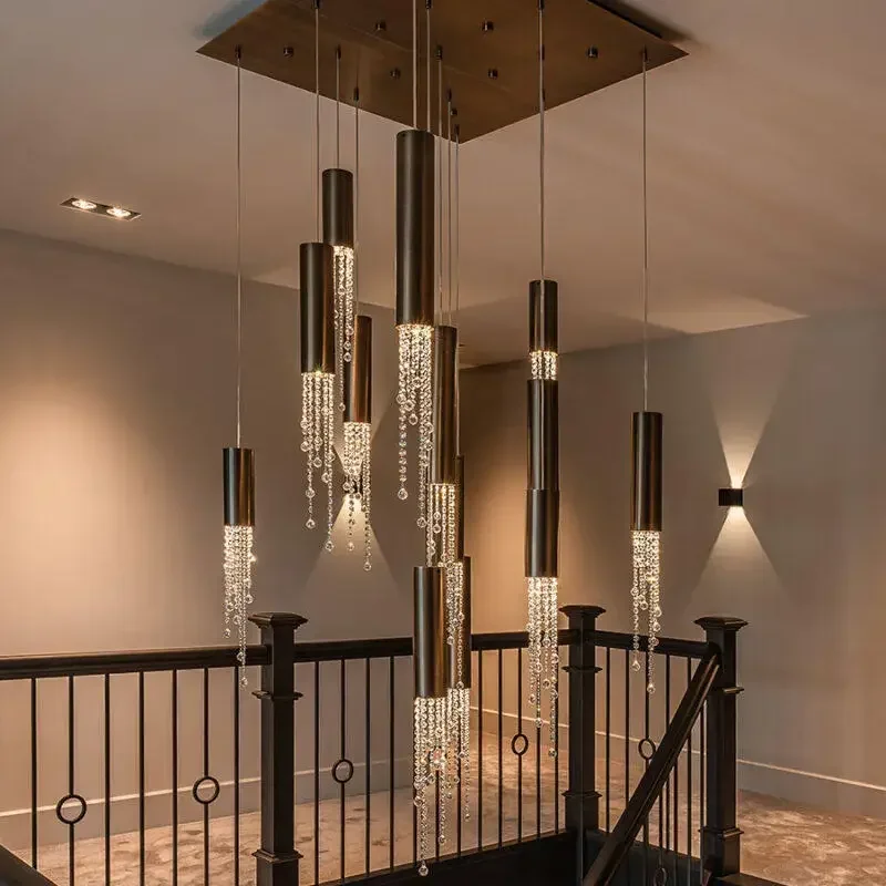 Modern minimalist crystal LED Chandelier luxurious long staircase pendant light corridor lobby living room lighting fixtures