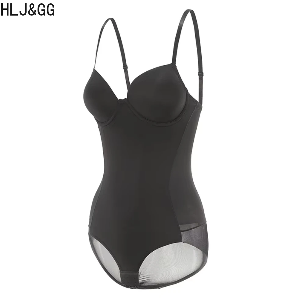HLJ&GG Sexy High Quality Stretchy Solid One Piece Bodysuits Women V Neck Spaghetti Strap Slim Bodycon Rompers Fashion Jumsuits