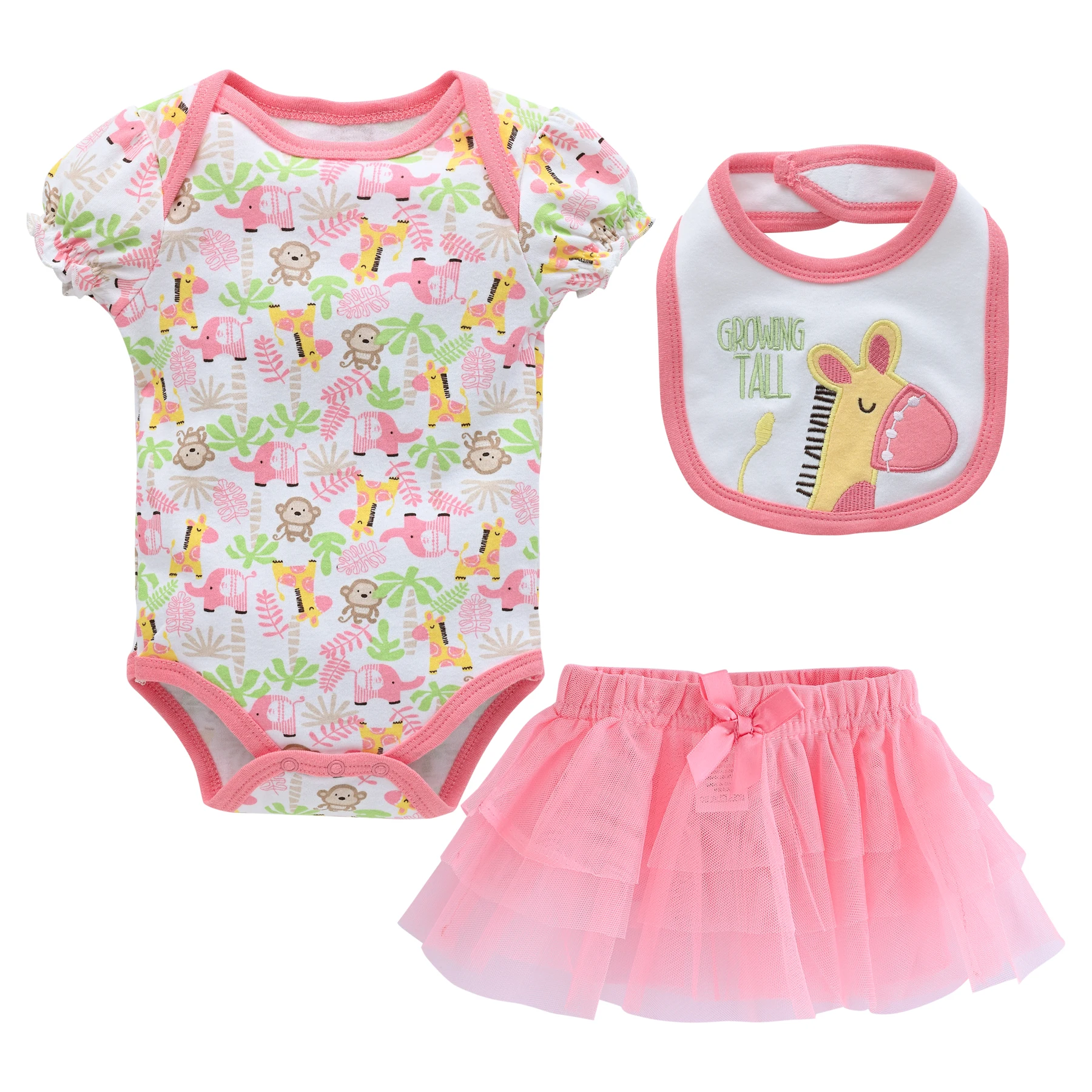 Baby Girl 3Pcs Outfit Set Butterfly Print Short Sleeve Bodysuit+Tutu Skirt+Embroidered Bib Summer Infant Princess Costume 0-12M
