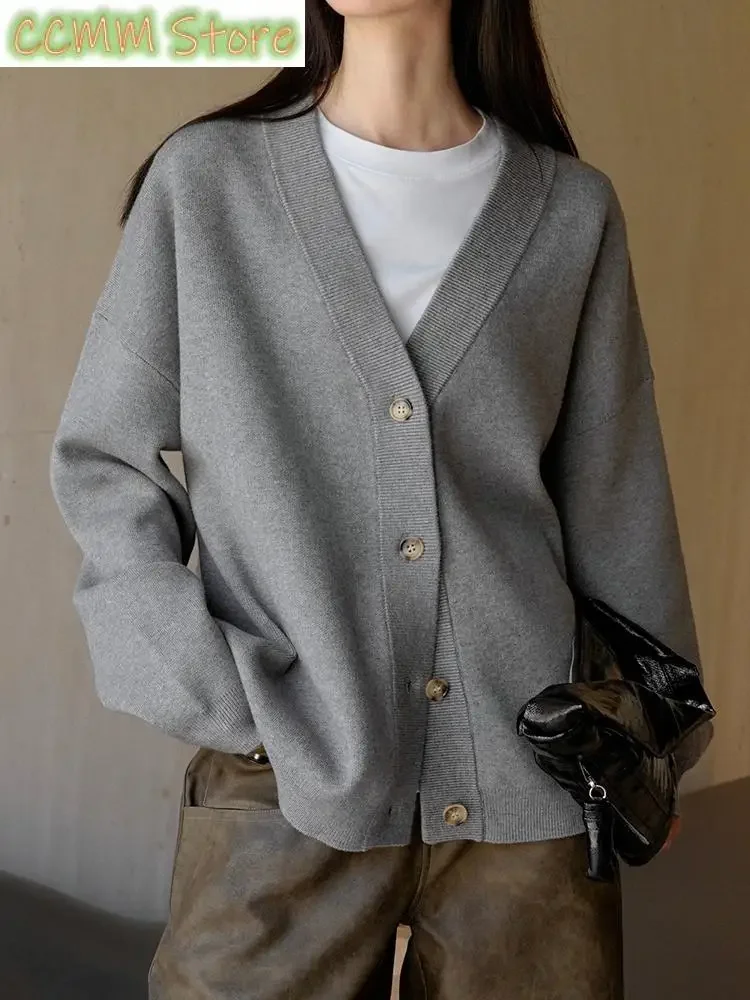 Szary duży rozmiar elegancki sweter dziergany sweter luźny krój dekolt w serek z długim rękawem kobiety nowa moda wiosna jesień