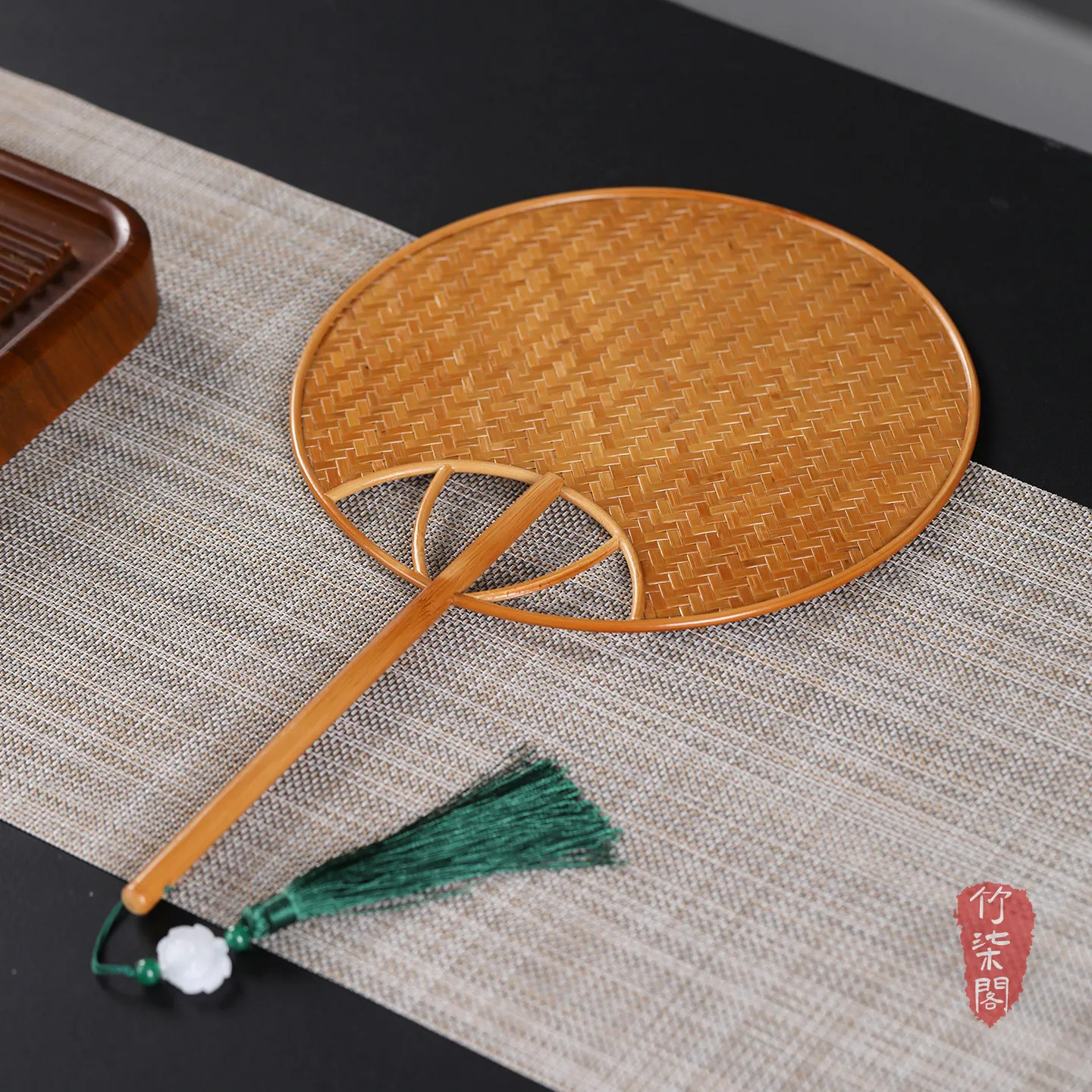 Handmade bamboo fan Large fan Chinese bamboo  lacquered purple bamboo group  silk Old-fashioned paper  Pu fan Green ruffle