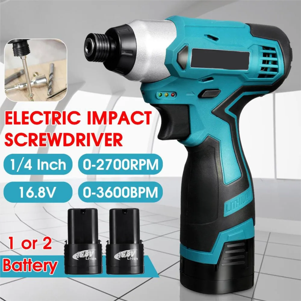 

16.8V Electric Cordless Drill Screwdriver Impact Driver 2X Lithium Battery Rechargeable 1/4 inch Industry Power Tools