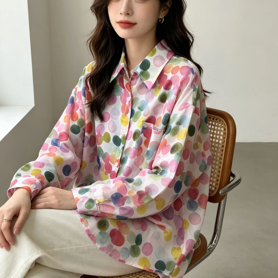 SuperAen Korean-style 2026 Summer New Candy-colored Polka Dot Print Casual Simple Shirt for Women Loose Sun-protective Shirts