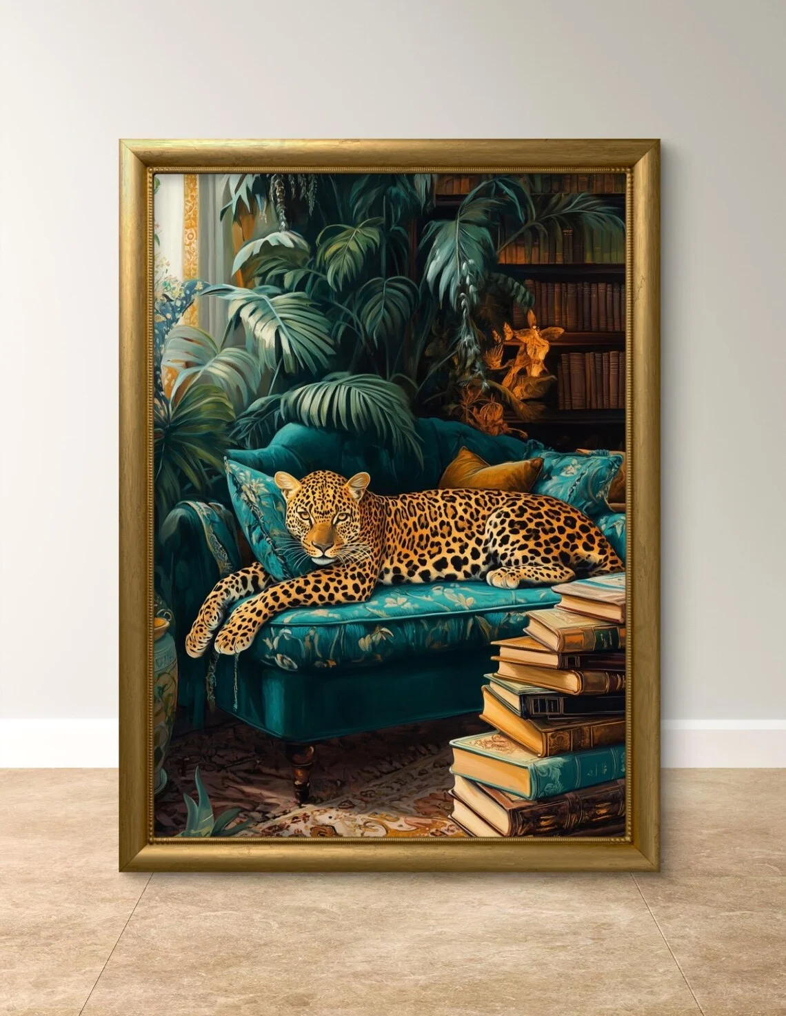 Sleepy Leopard , Emerald Green Maximalist Wall Art - Jungle Bedroom Decor - Boho Wall Art - Eclectic Decor, Book wall art, Wild