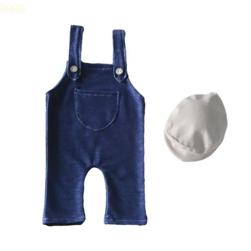 

090B Newborn Photo Props Hat Suspender Jumpsuit Pants Posing Clothes Baby Photography Suit Infant Photoshoots Costume
