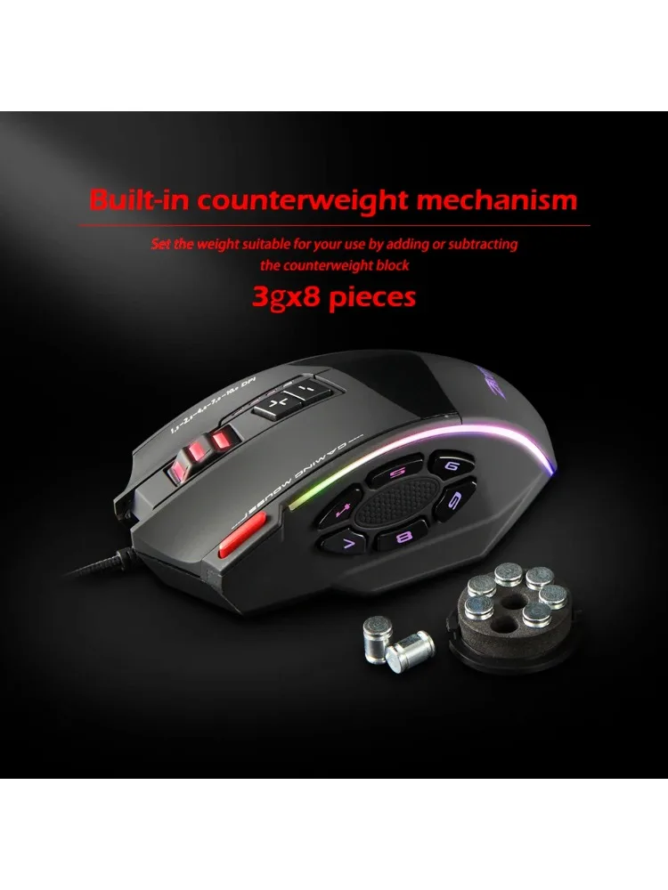 Zelotes C-13 souris de jeu filaire 13 touches 10000DPI lumière rvb ceinture de souris 128KB mémoire intégrée mécanisme de contrepoids intégré