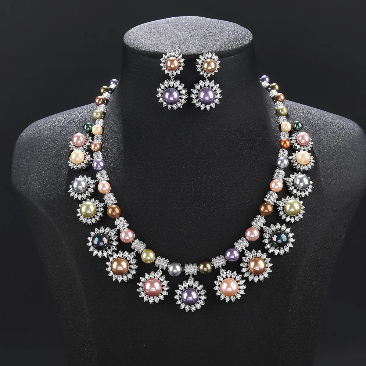 Luxury Crystal Zircon Colours Pearl Folower Necklace Women Dubai Bridal Wedding Birthday Party  Jewelry Set Gift CN10894