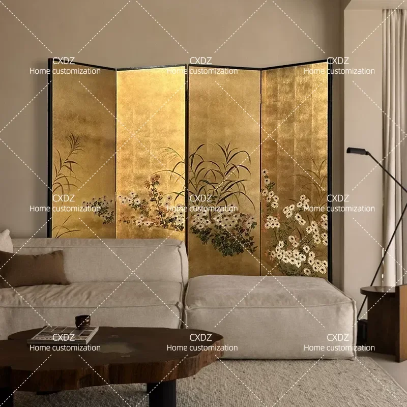 Wabi Sand Wind Gold Foil Medieval Living Room Screen Home Retro Folding Partition Office Door Mobile Entrance Customization