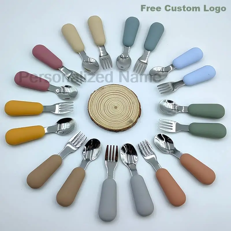 Custom Logo 2PC/Set Baby Silicone Tableware Children Stainless Steel Dinnerware Toddler Cutlery Infant Food Feeding Spoon Fork