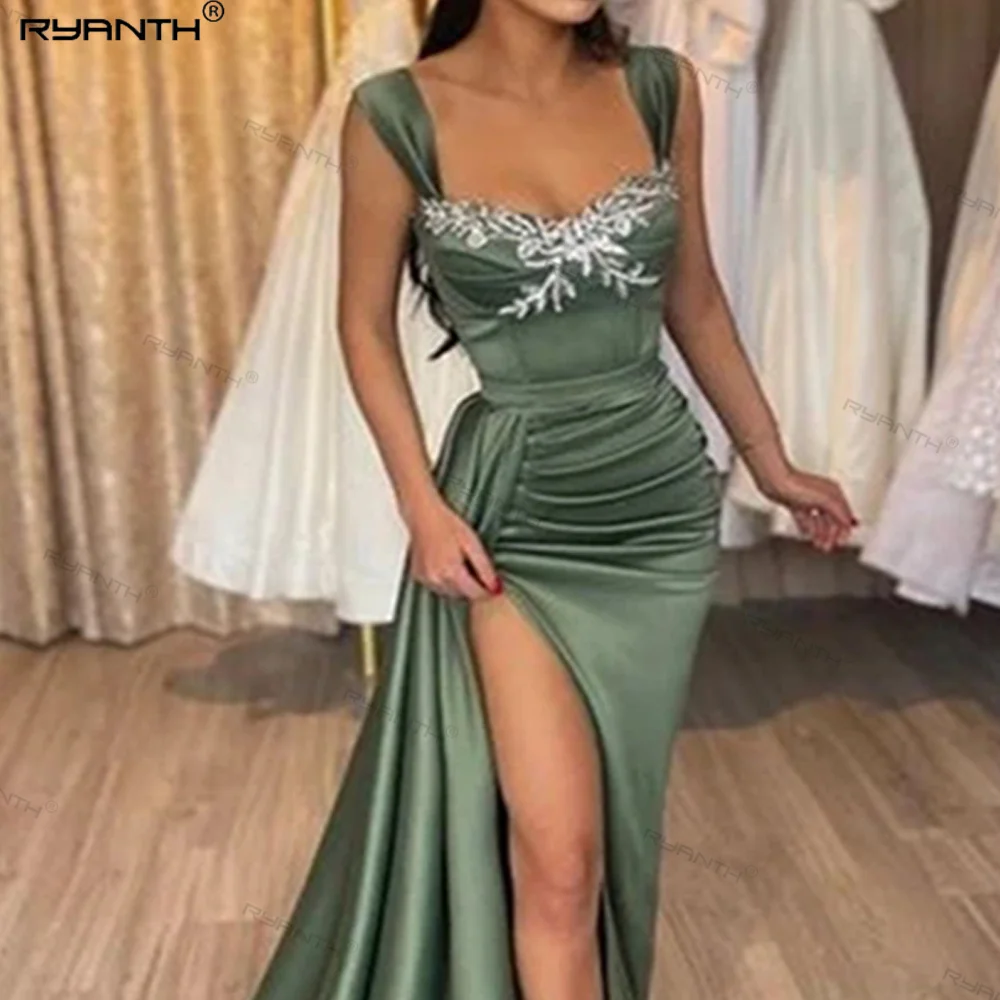 Ryanth Olive Green Prom Dress Spaghetti Straps Appliques Satin Mermaid High Slit Long Evening Dress Special Occasion Dresses