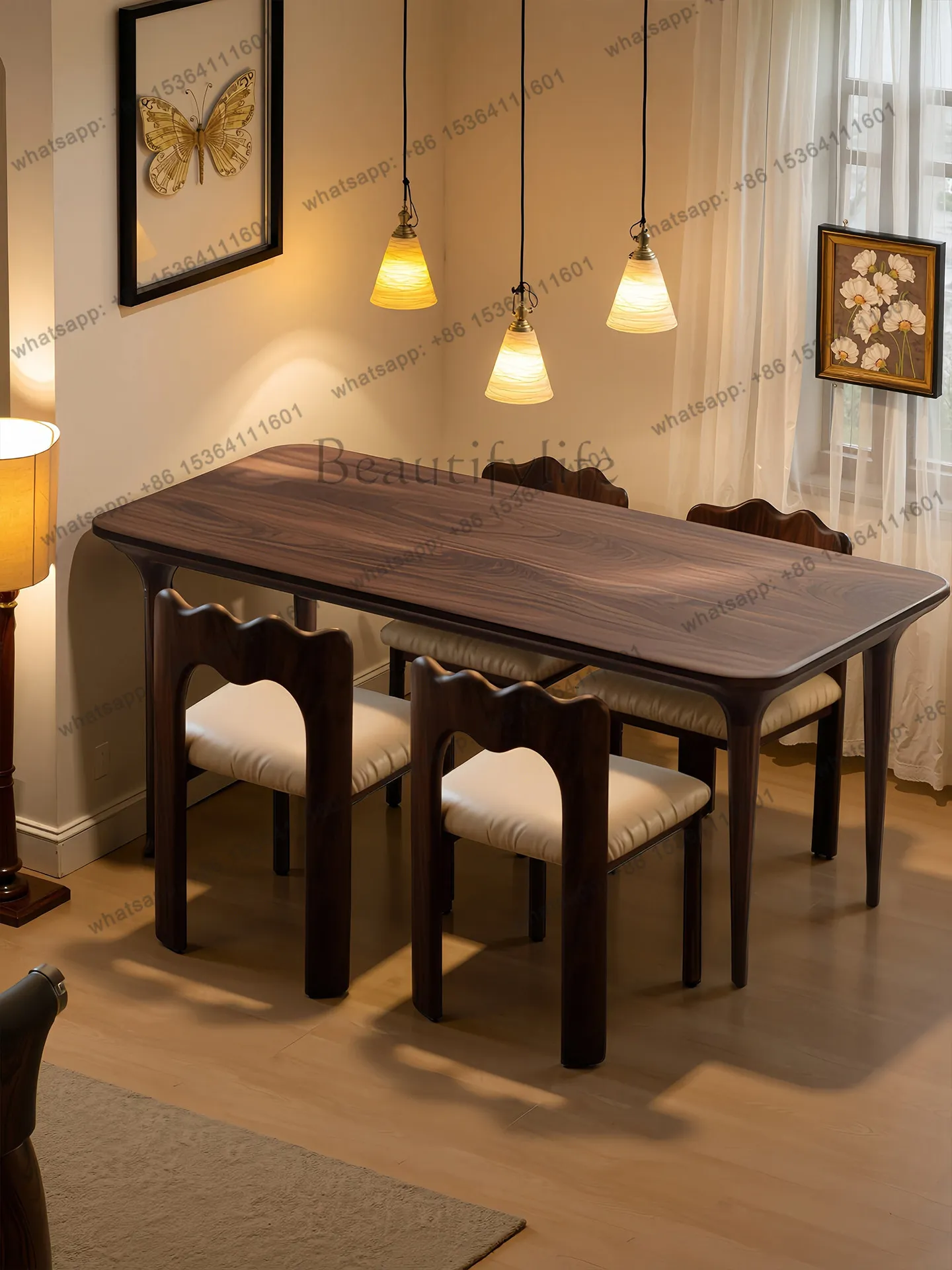 Medieval solid wood dining table, black walnut rectangular household dining table, wabi sabi