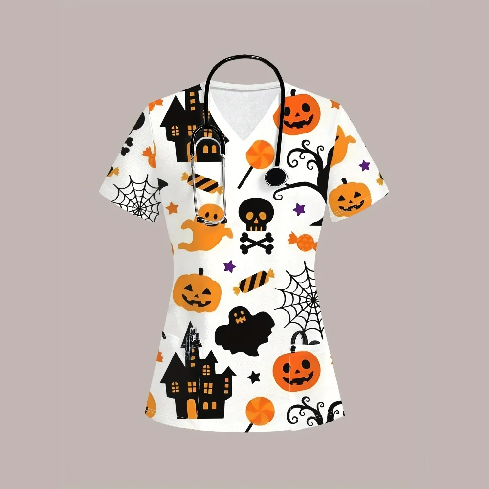 スクラブ制服女性ハロウィンシリーズ獣医医療スクラブトップスカジュアル半袖ポケット付き臨床制服女性
