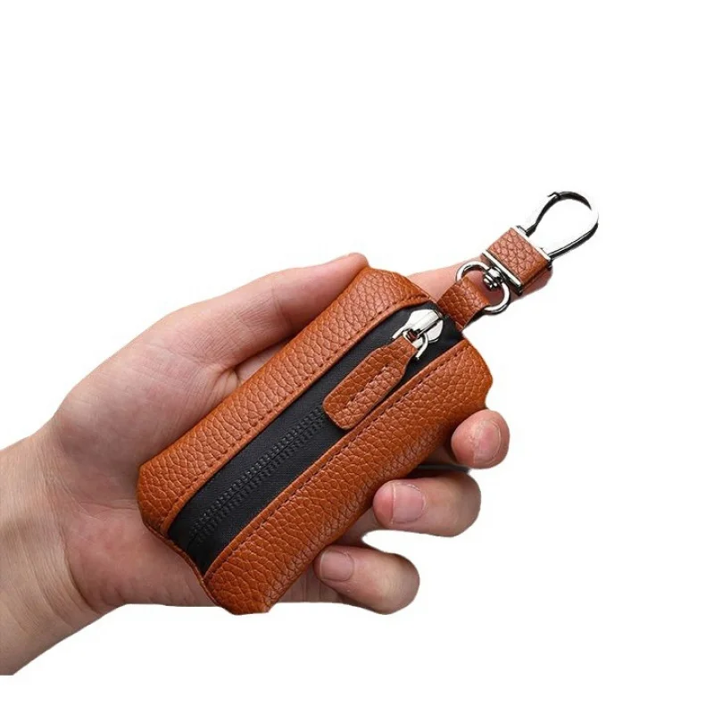 Car Keychain Black Business Car Zipper Fashion Genuine Leather Unisex Universal Key Case Protector，Genuine Leather Small Key Wal