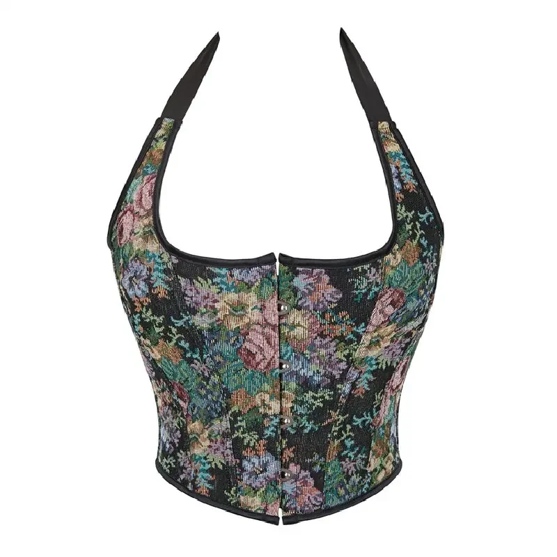 Vintage Women Black Floral Ribbon Hanging Neck Corset Top Vest Sexy Overbust Bustier Clothing