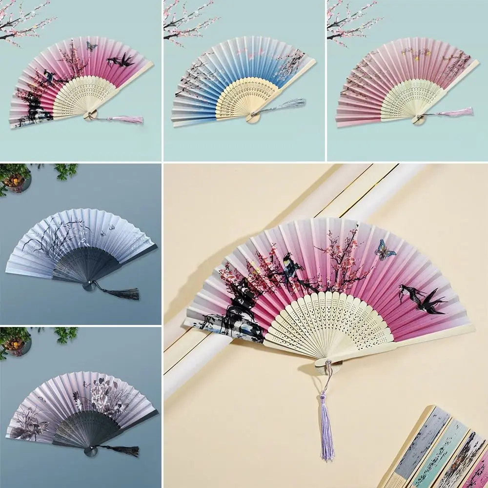 High Quality Silk Vintage Folding Fan Colorful Tassel Elegent Hand Fan Bamboo Hand Fan Shank Classical Dance Fan Female