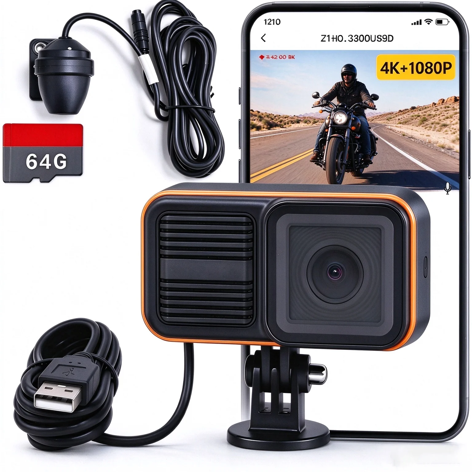 2-Wheeler Vehicle Dash Cam with 3 Mounting Options, Waterproof Dustproof WiFi Enabled for Motorcycle E-bike Riders
