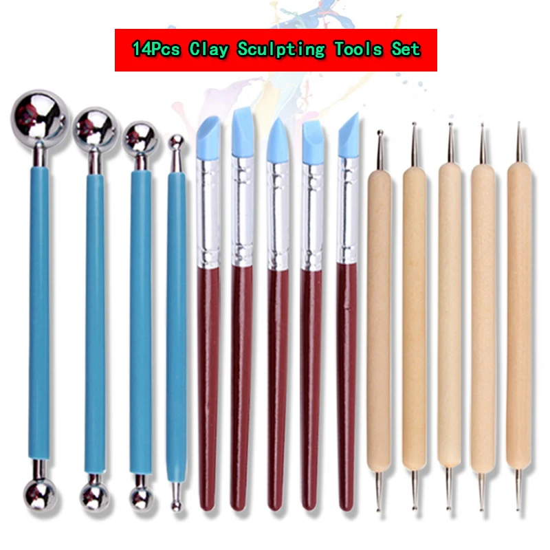 14 قطعة الطين بوليمر الفخار النحت أدوات مجموعة النمذجة المطاط يميل فرش الفولاذ المقاوم للصدأ الكرة ستايلس مسمار الفن التنقيط أدوات