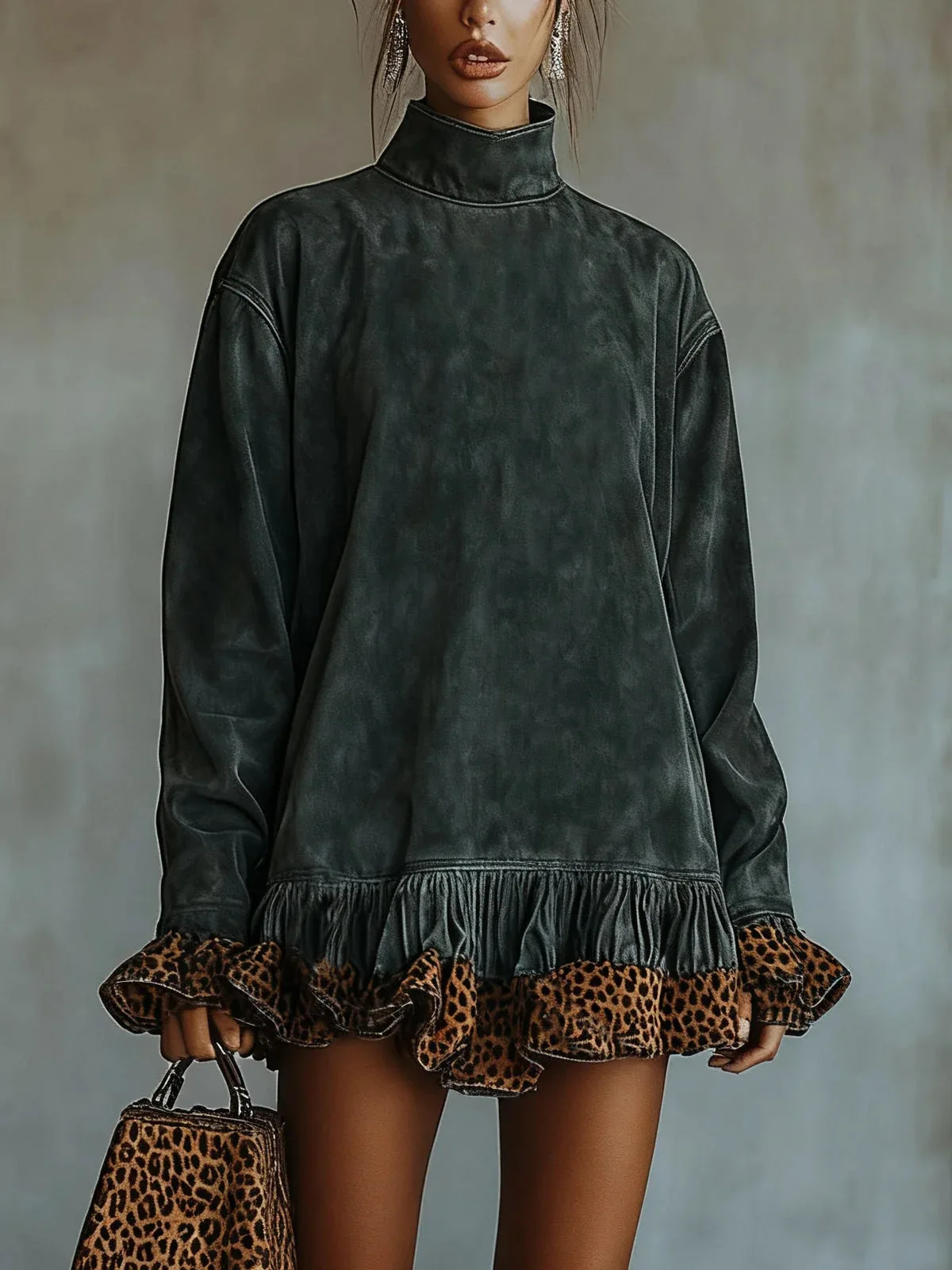 

Модное замшевое мини-платье в стиле ретро с высоким воротом и длинным рукавом с леопардовым принтом, свободное весеннее вечернее платье