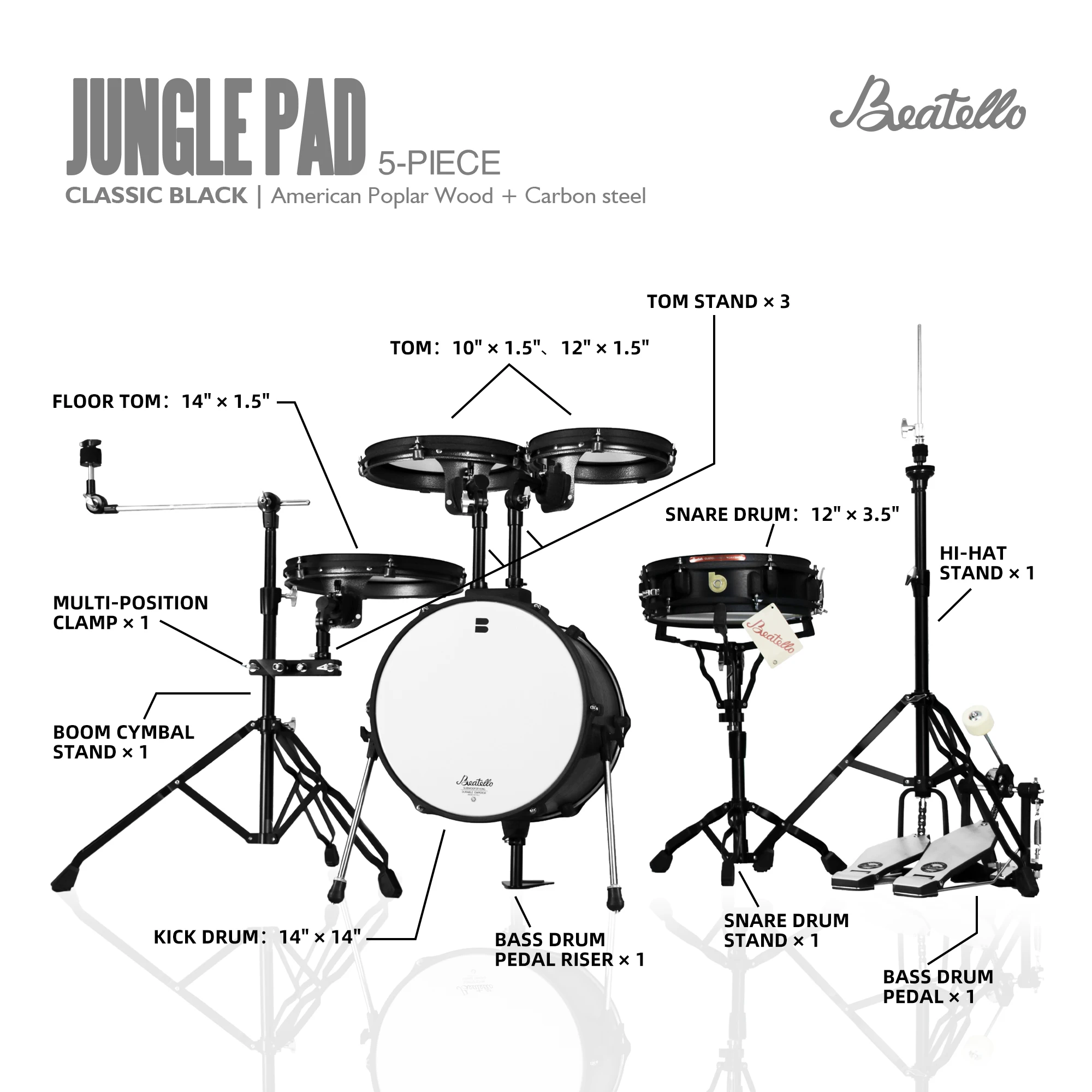 Black 5-Drum Jungle Pad Flat Double Tier Metal Acoustic Drum Set Portable For Adult