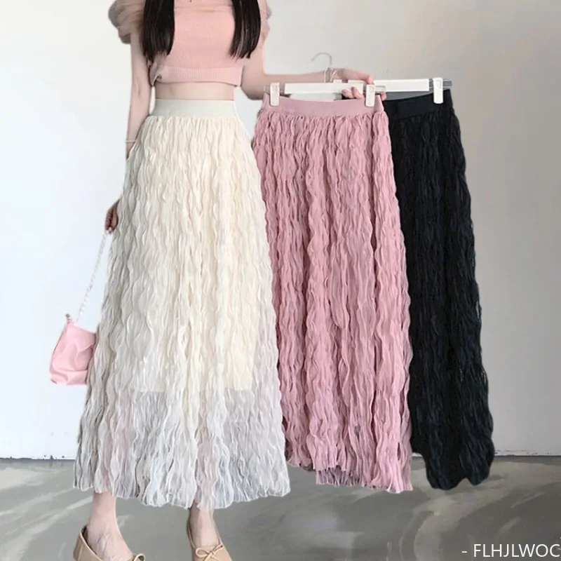 

2024 Spring Hot Sales Women All-Match Cute Japan Chic Korea FLHJLWOC Elastic High Waist Black Long Maxi Skirts