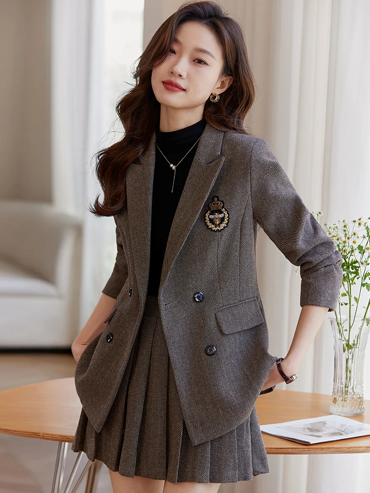 

Gray Suit Jacket Women's Spring Autumn New College Style Fashionable Anti-Aging High-End Western Style Pleated Skirt Two-Piec...