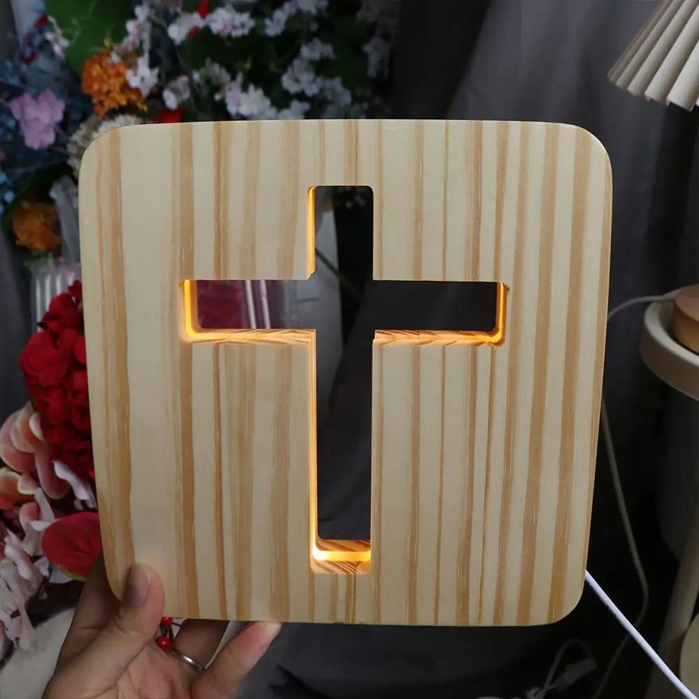 3D LED Wooden Cross Night Light USB Novelty Christianity Crucifix Crafts Wooden Desk Table Lamps Catholicism