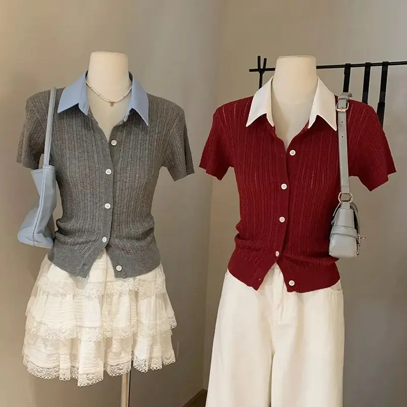 

Korean contrasting color one-shoulder short-sleeved T-shirt for women 2025 summer new irregular knitted top