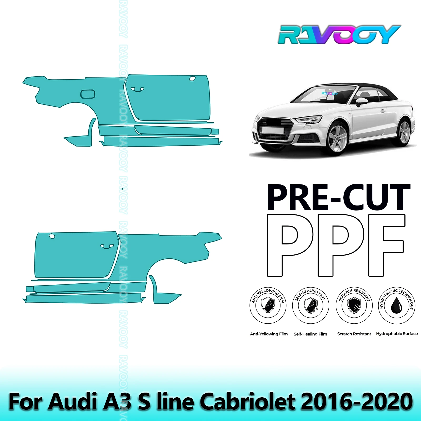 

For Audi A3 S line Cabriolet 2016-2020 8.5mil Clear Matte Pre-Cut PPF Door & A/B Pillar Kit TPU Paint Protection Film Set