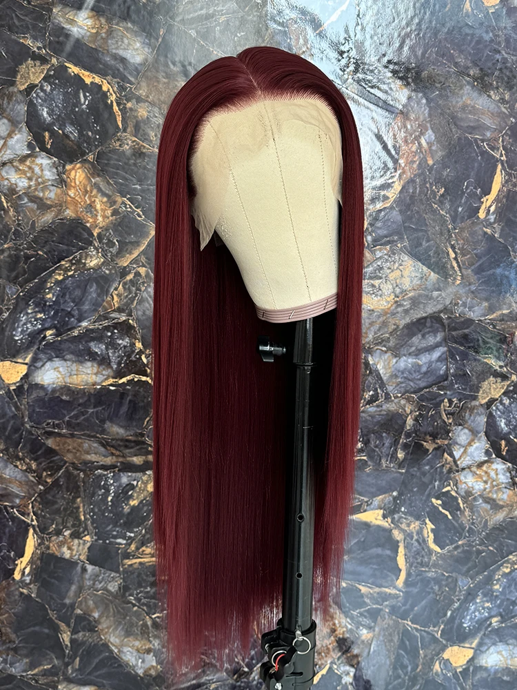 Borgonha reta Lace Front perucas, resistente ao calor, sintético, pré arrancado, parte livre frontal perucas, 13*6
