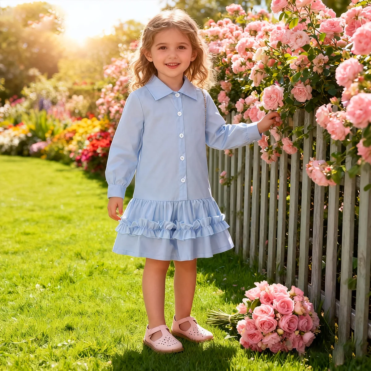 Modisches, lässiges, einfarbiges Langarmhemd für Mädchen mit Lotusblatt-Spitzensaum-Dekorationskleid für Outdoor-Aktivitäten im Herbst