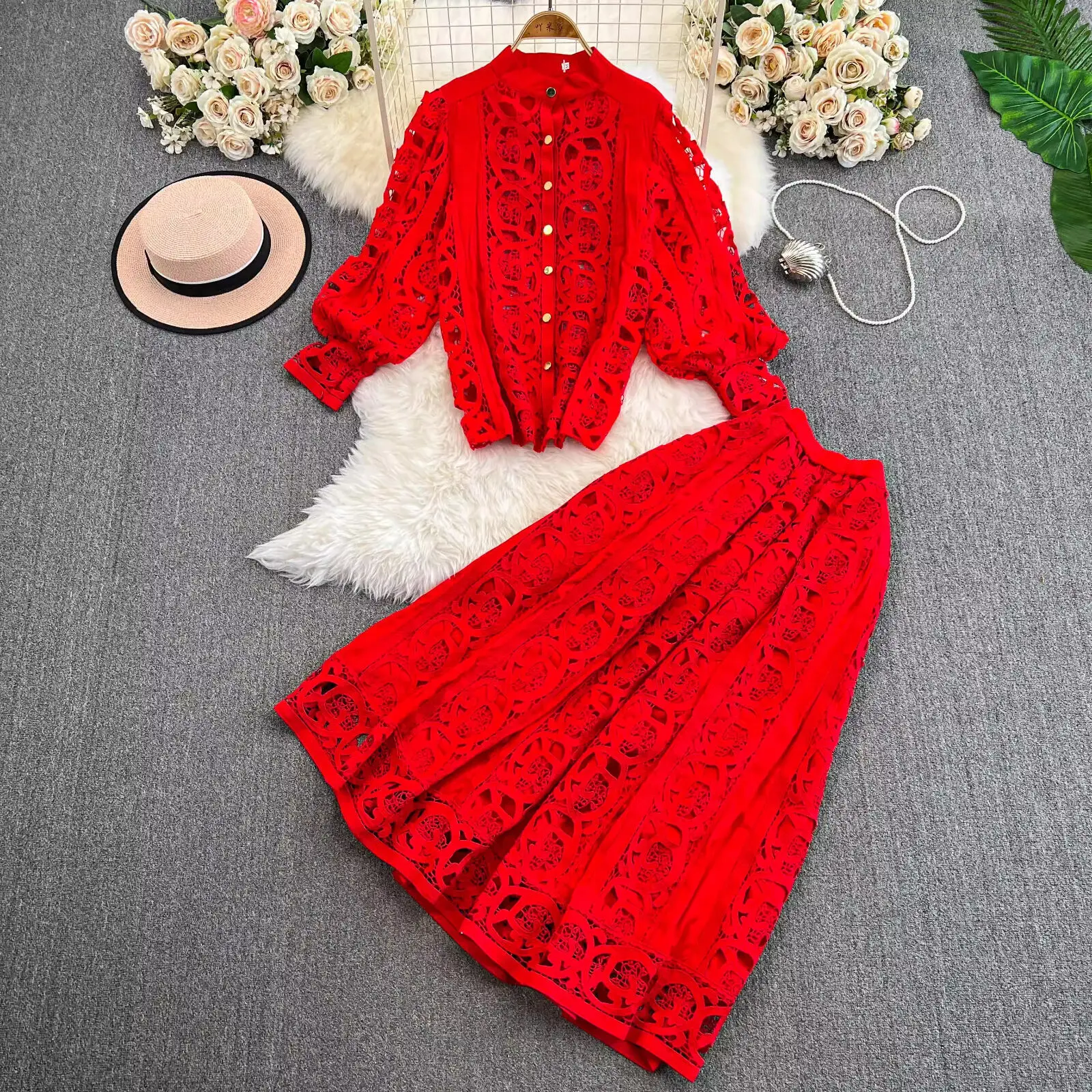 Autumn Crochet White Lace Embroidery 3 Pieces Sets Women Dress Suits Hollow Out Loose Shirt Top Elastic Waist Maxi Skirt Suit